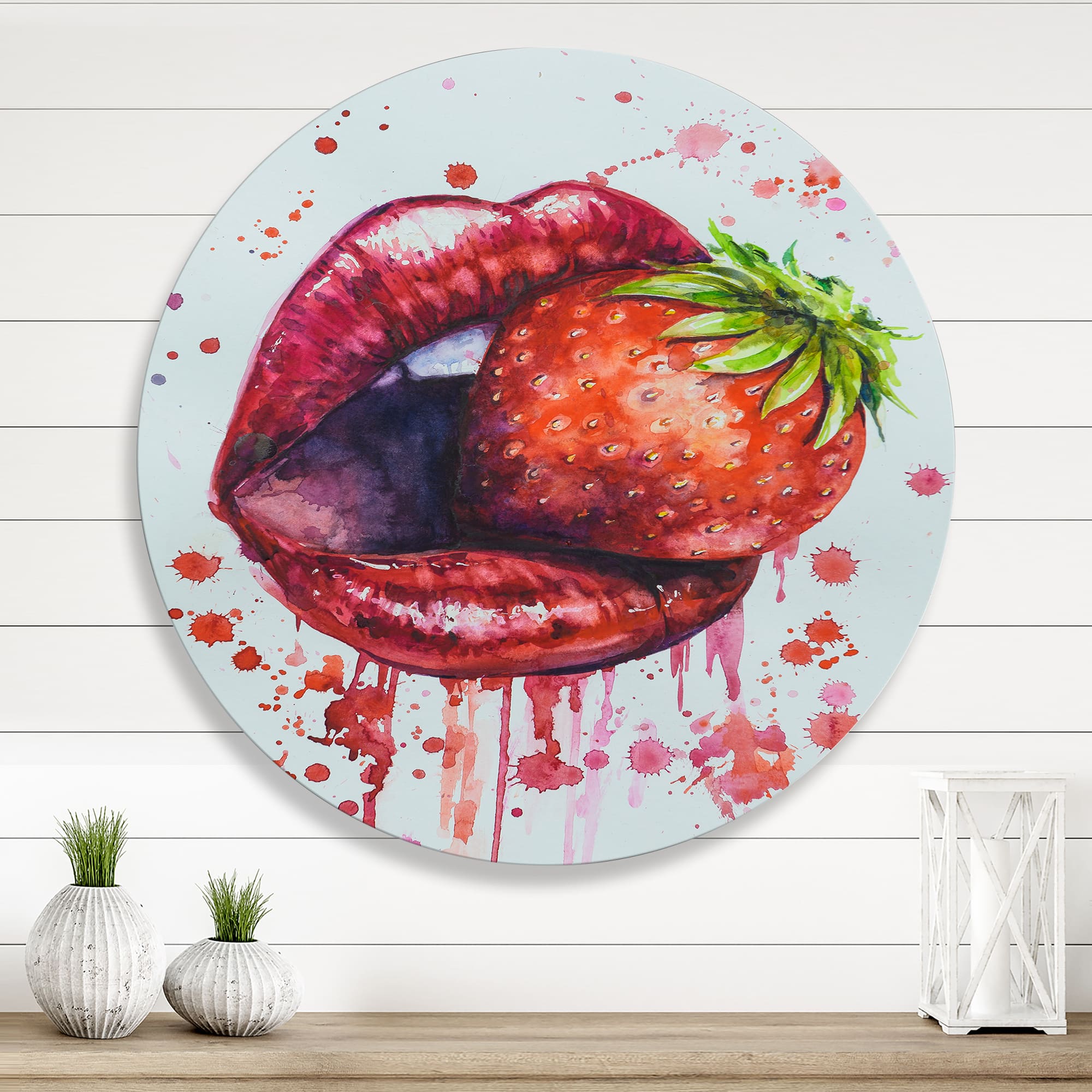 Designart - Red Woman Lips Eating A Strawberry